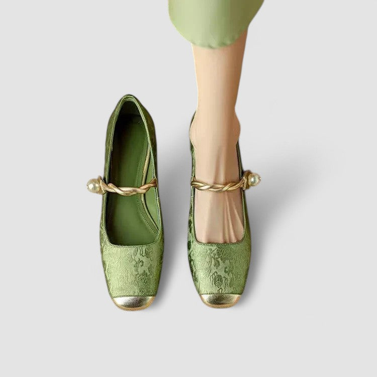 Ivyra | White Block Heel Pumps with Pearl Strap 2