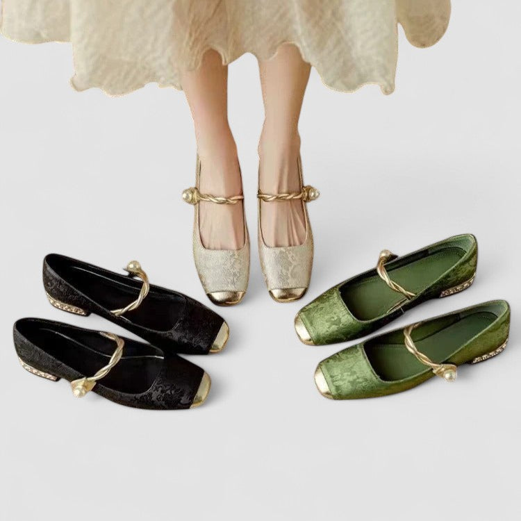 Ivyra | White Block Heel Pumps with Pearl Strap 4