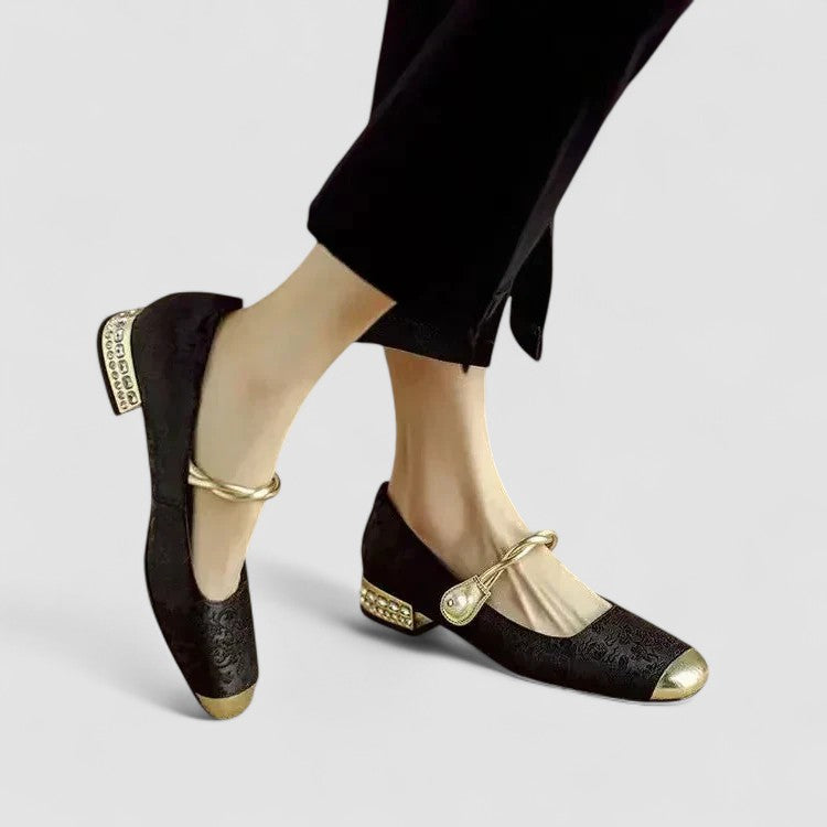 Ivyra | White Block Heel Pumps with Pearl Strap 5