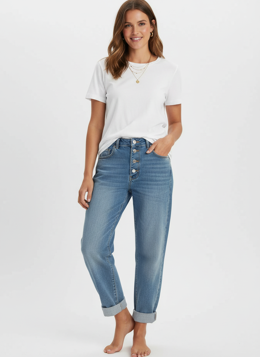 Janet | Women's High Waist Jeans Straight Leg Button Fly Blue