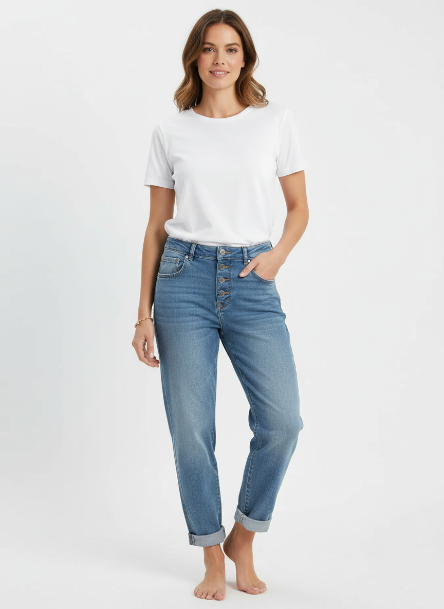 Janet | Women's High Waist Jeans Straight Leg Button Fly Blue 1