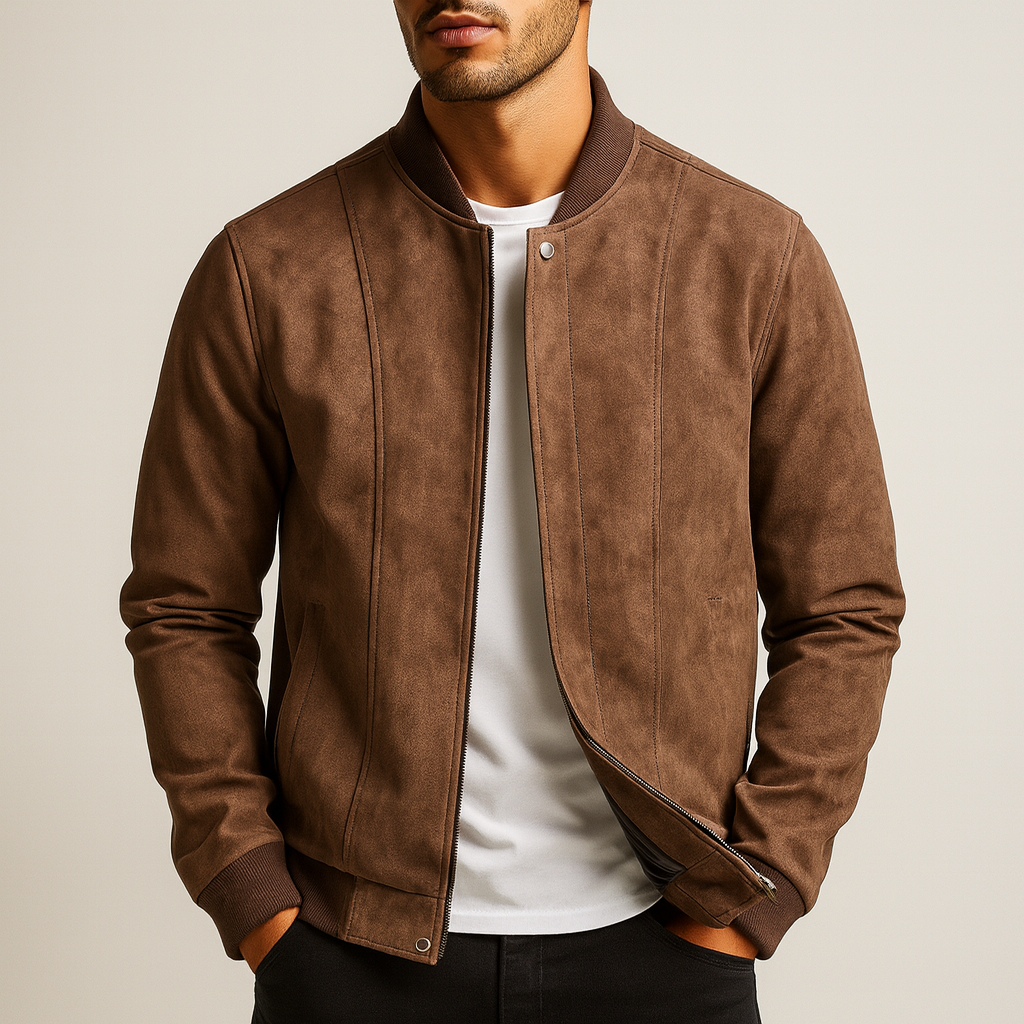 Javar | Men's Faux Suede Leather Bomber Jacket Zip Front Ribbed Trim
