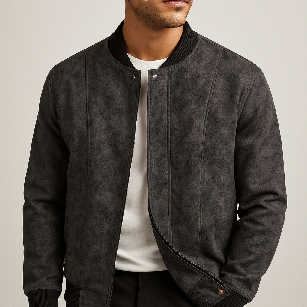 Javar | Men's Faux Suede Leather Bomber Jacket Zip Front Ribbed Trim 1