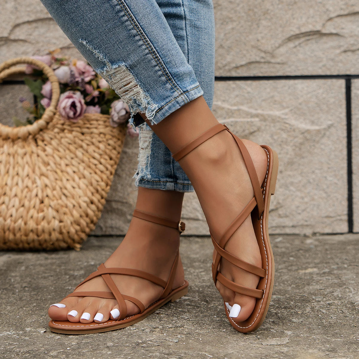 Jennylyn | Women's Leather Cross-Strap Flats