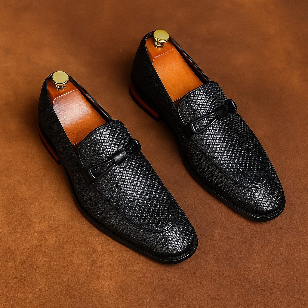 Leonard| Men's Slip-On Loafer Black Woven Leather Saddle Strap