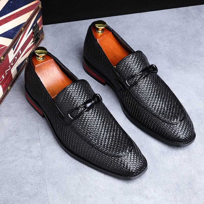 Leonard| Men's Slip-On Loafer Black Woven Leather Saddle Strap 2