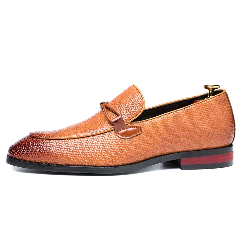 Leonard| Men's Slip-On Loafer Black Woven Leather Saddle Strap 4
