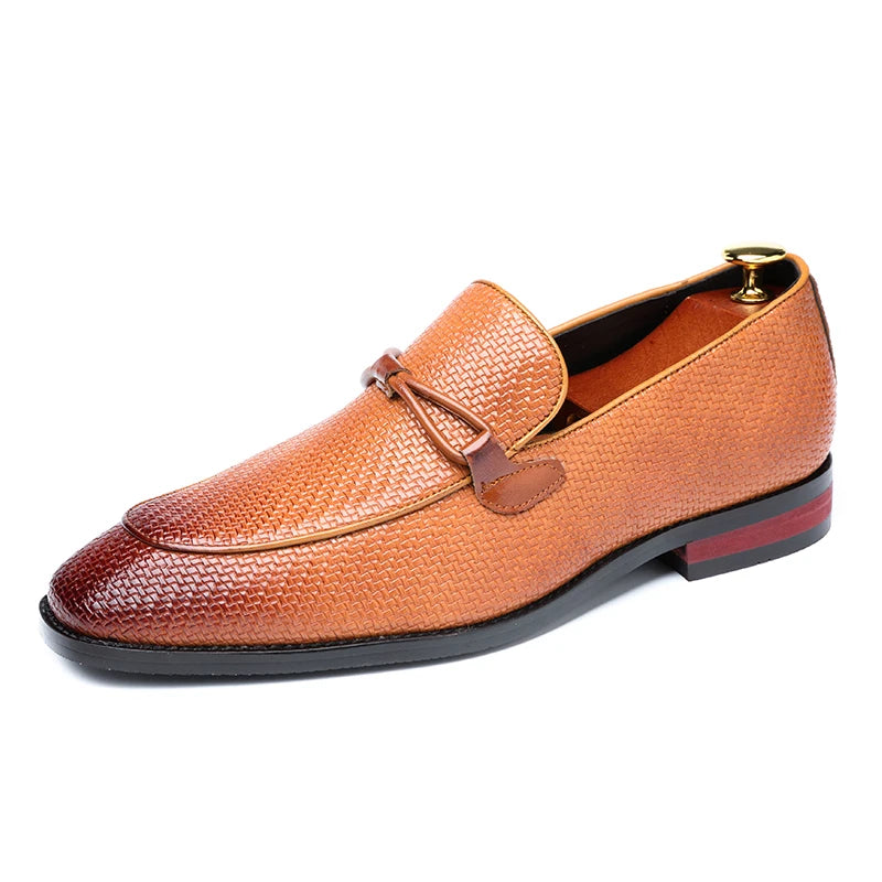 Leonard| Men's Slip-On Loafer Black Woven Leather Saddle Strap 6