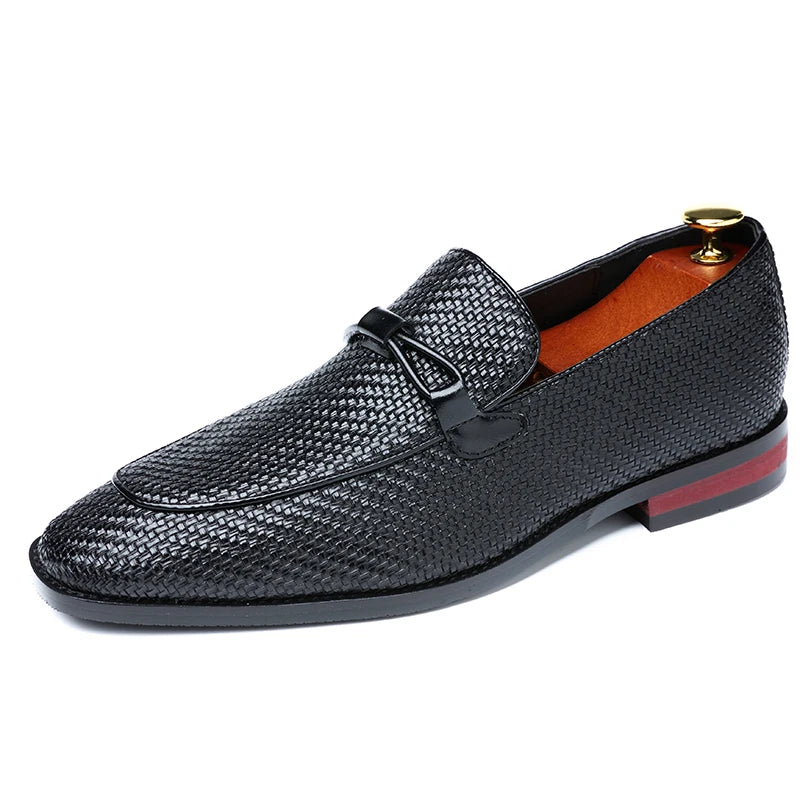 Leonard| Men's Slip-On Loafer Black Woven Leather Saddle Strap 7