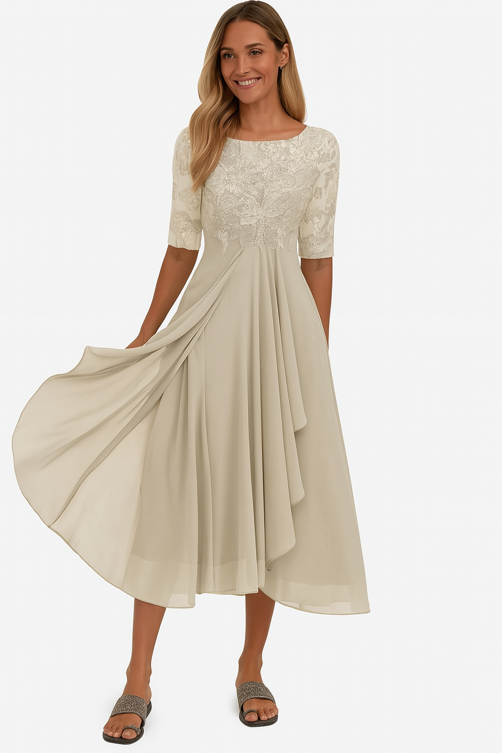 Liora | Women's Lace Bodice Half Sleeve A Line Midi Dress