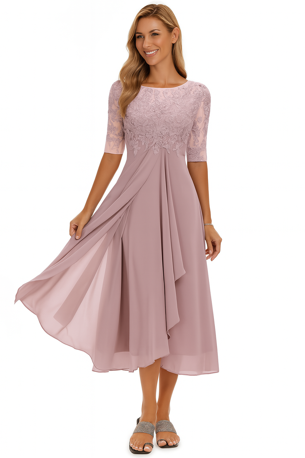 Liora | Women's Lace Bodice Half Sleeve A Line Midi Dress