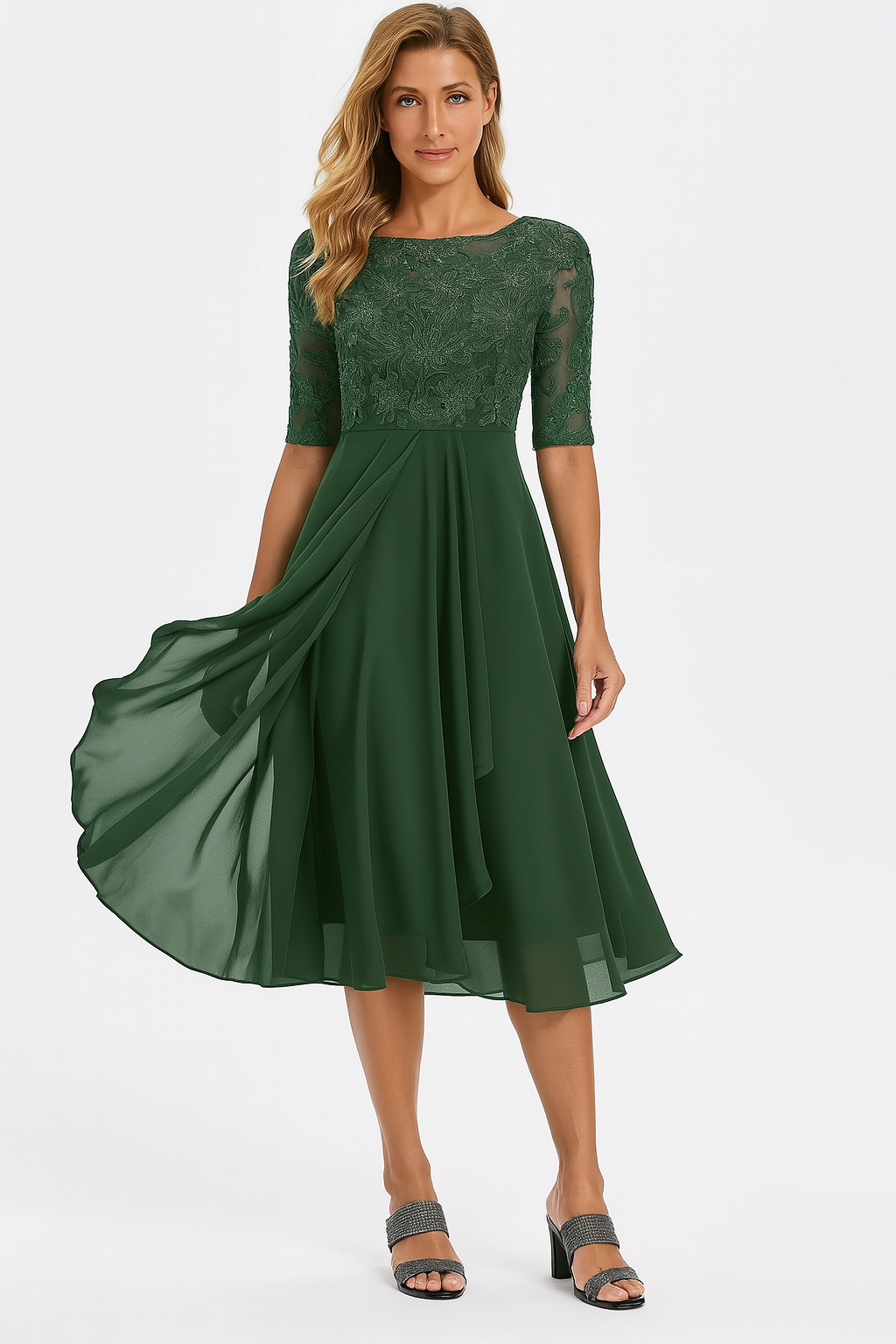 Liora | Women's Lace Bodice Half Sleeve A Line Midi Dress