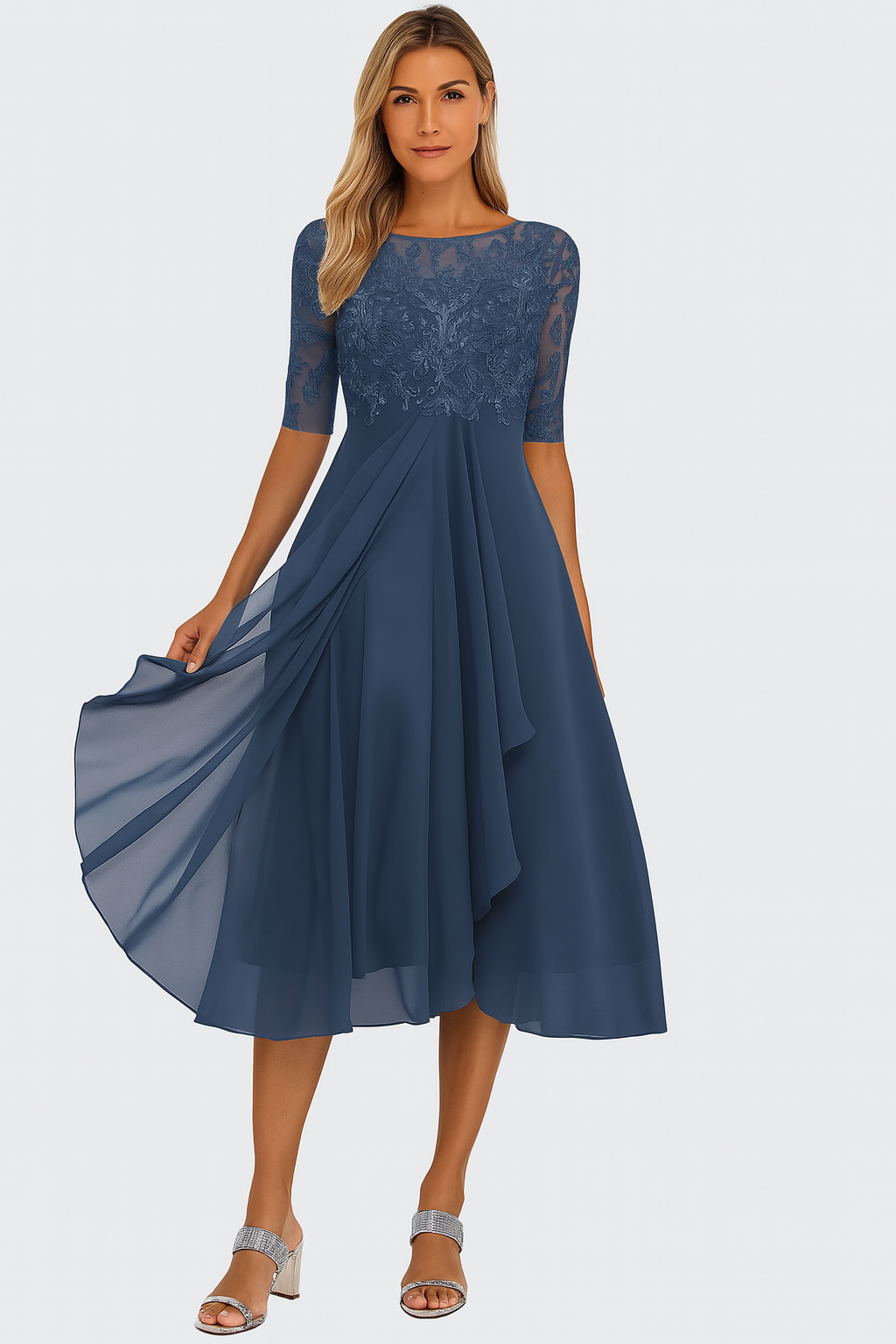 Liora | Women's Lace Bodice Half Sleeve A Line Midi Dress