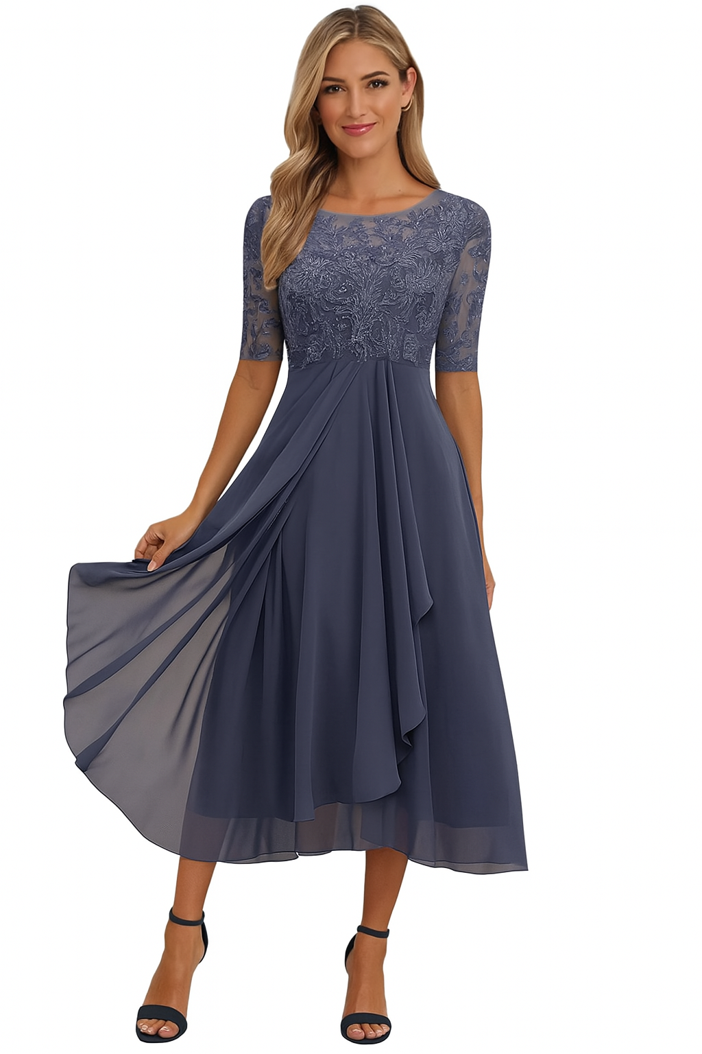 Liora | Women's Lace Bodice Half Sleeve A Line Midi Dress