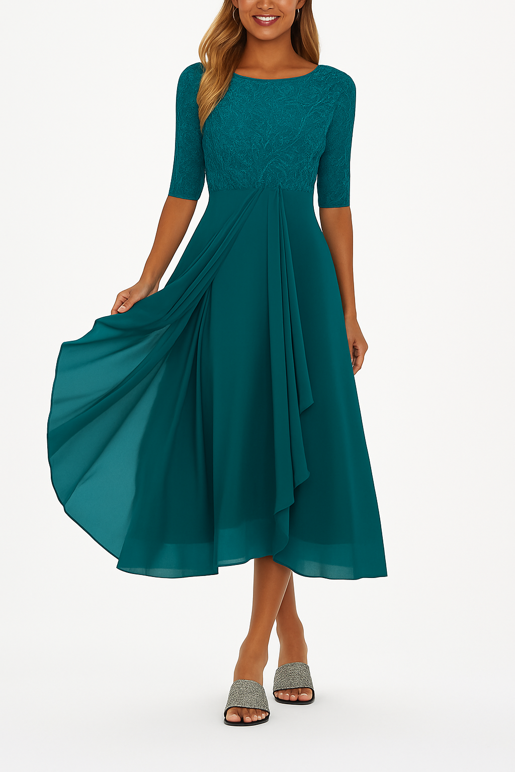 Liora | Women's Lace Bodice Half Sleeve A Line Midi Dress