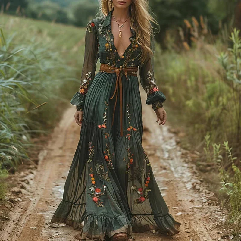 Madelva | Women's Floral V Neck Long Sleeve Boho Maxi Dress