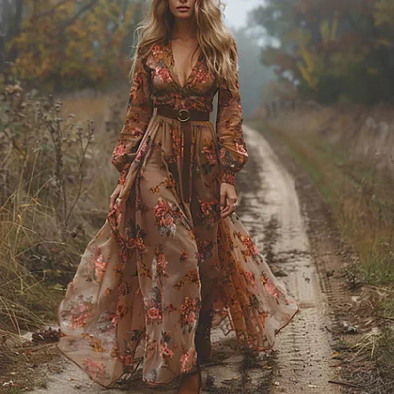 Madelva | Women's Floral V Neck Long Sleeve Boho Maxi Dress