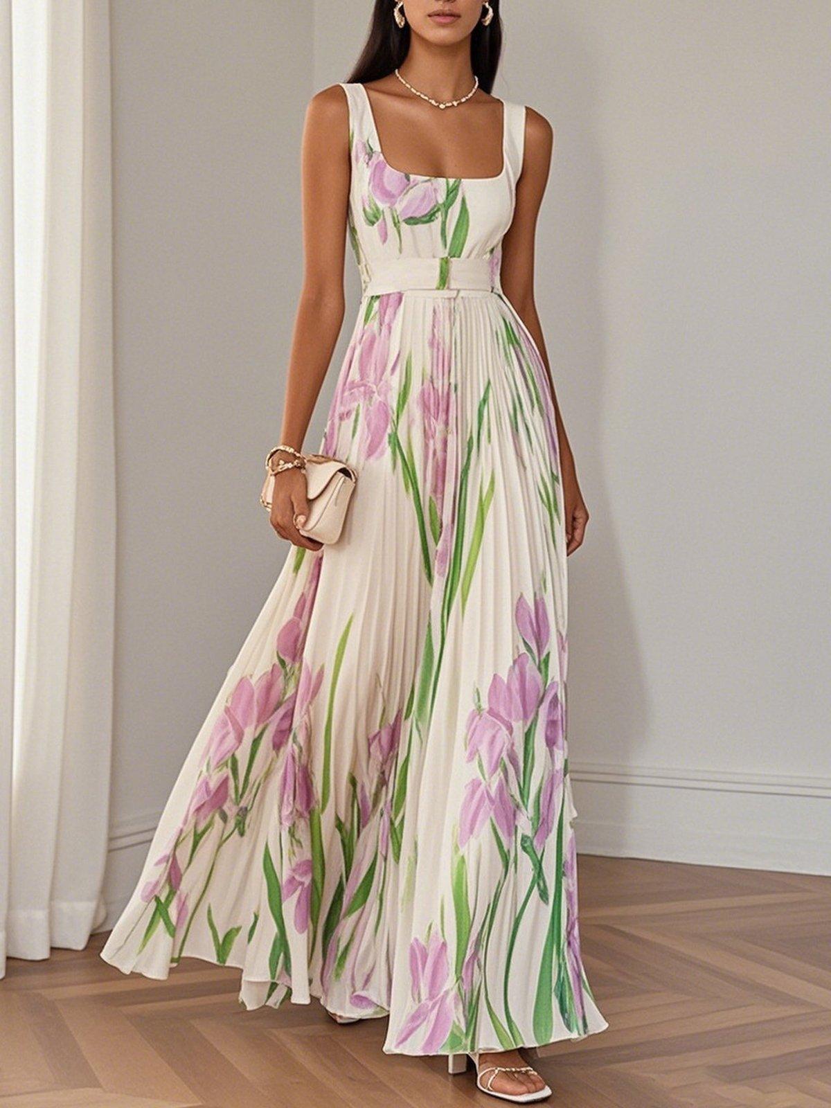 Margot | Women's Floral Square Neck Pleated Maxi Dress