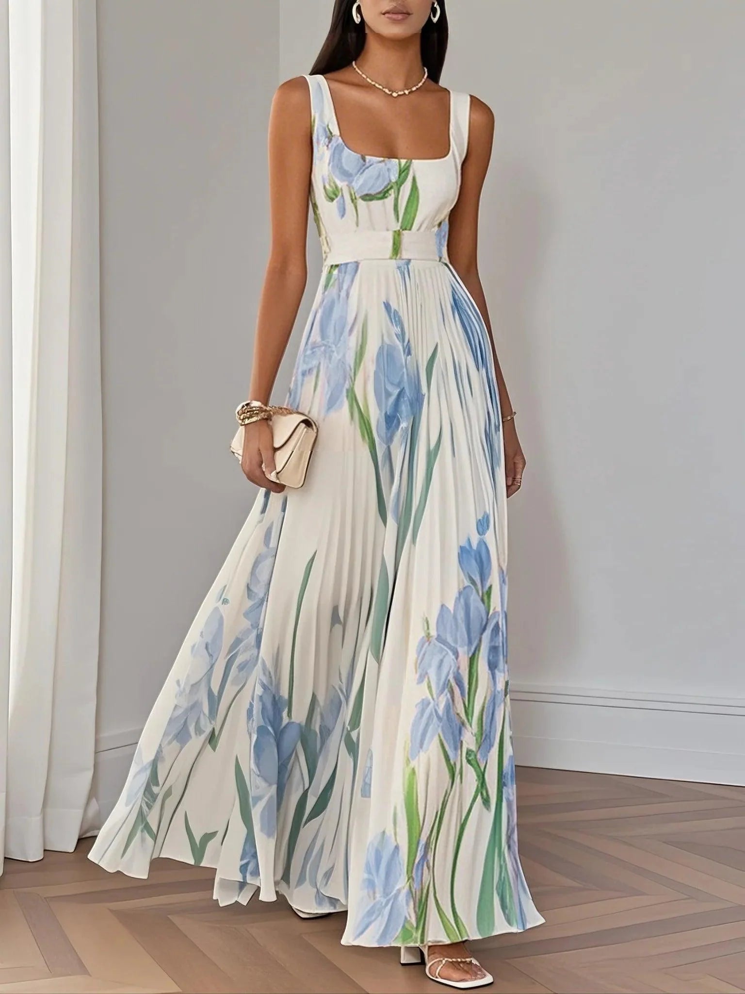 Margot | Women's Floral Square Neck Pleated Maxi Dress 2