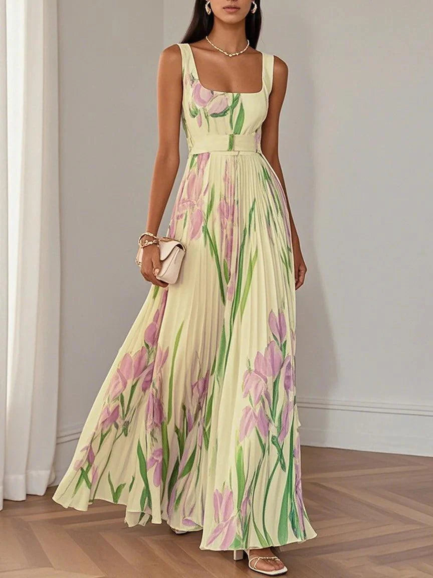 Margot | Women's Floral Square Neck Pleated Maxi Dress 4