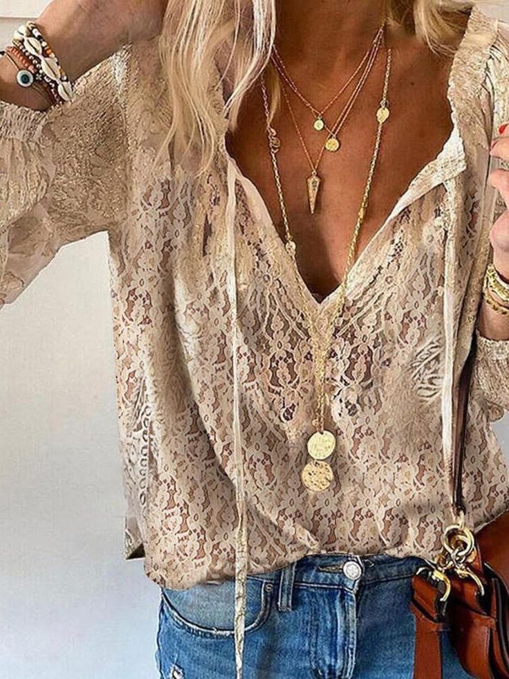 Marlowe | Women's Boho Lace V Neck Long Sleeve Blouse