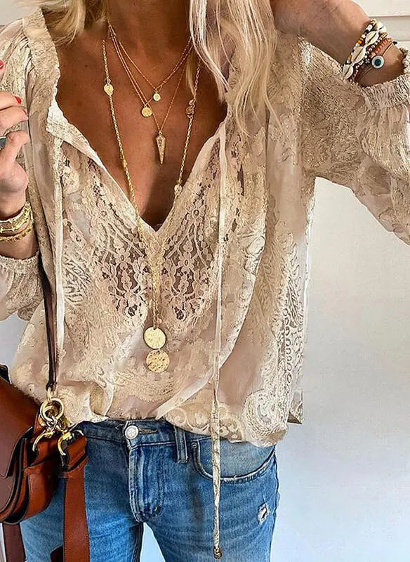 Marlowe | Women's Boho Lace V Neck Long Sleeve Blouse