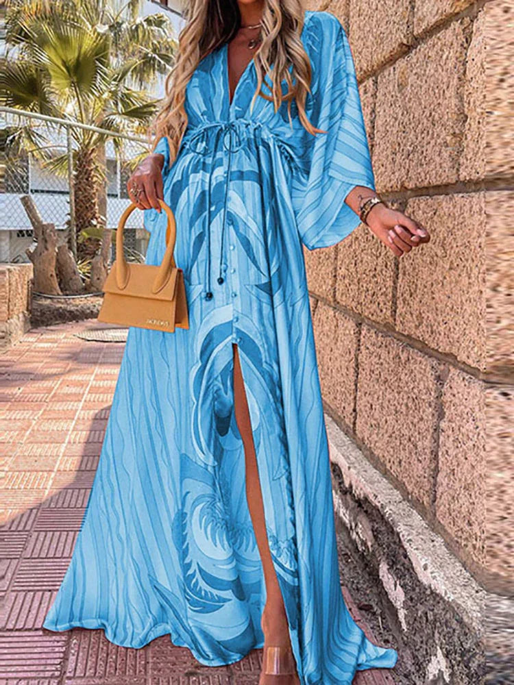 Mia | Women's Maxi Dress V-Neck Printed Drawstring Waist Slit 1