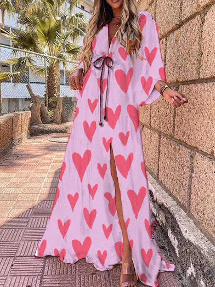 Mia | Women's Maxi Dress V-Neck Printed Drawstring Waist Slit 4