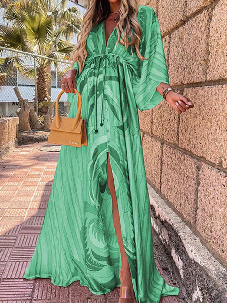 Mia | Women's Maxi Dress V-Neck Printed Drawstring Waist Slit 5