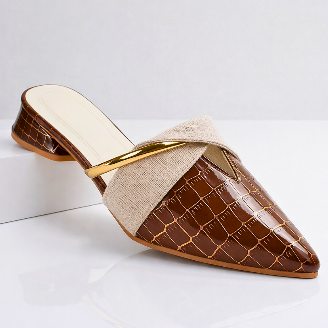 Michelle | Women's Pointed Toe Slip On Sandals Mules Croc Embossed Gold Bar Strap