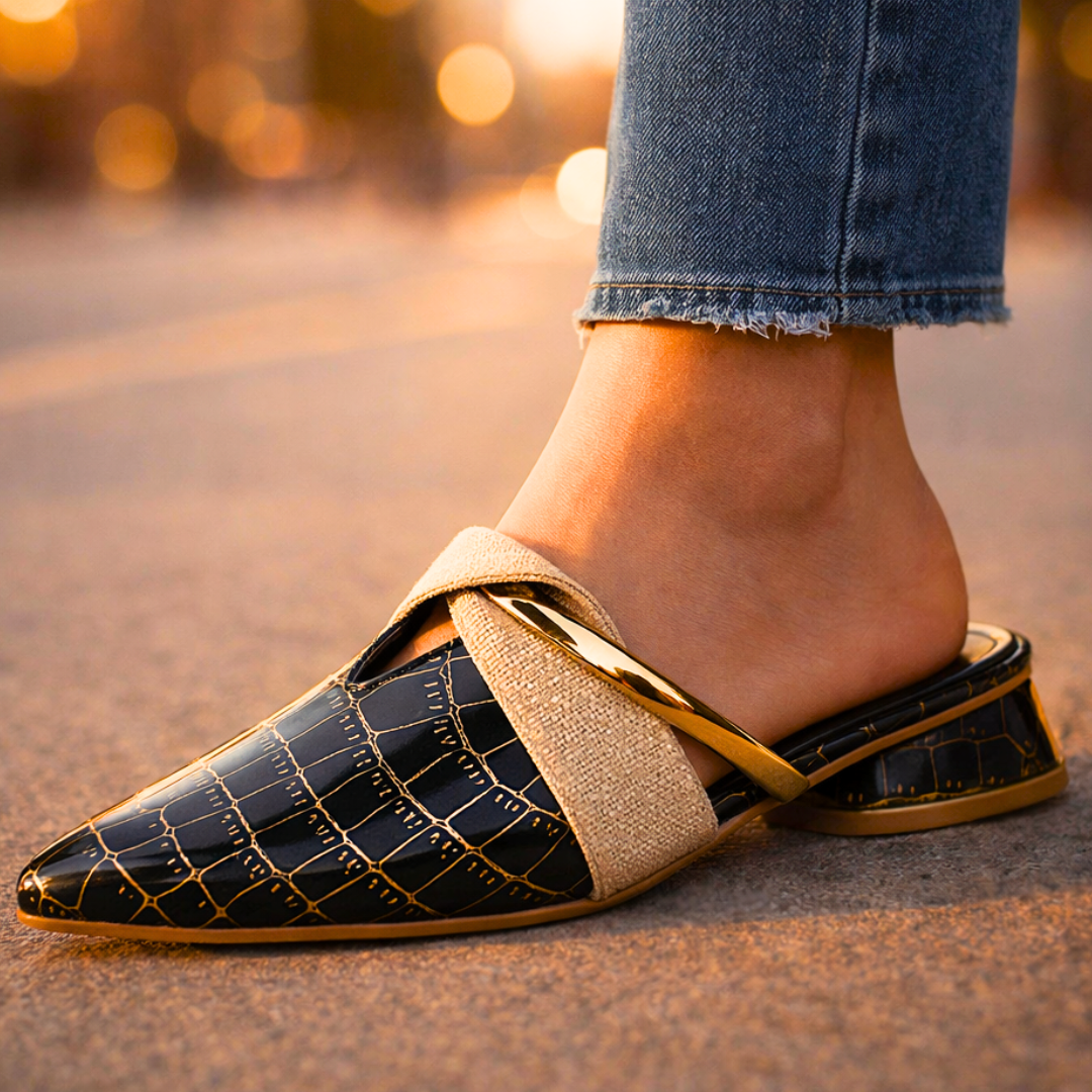 Michelle | Women's Pointed Toe Slip On Sandals Mules Croc Embossed Gold Bar Strap 2