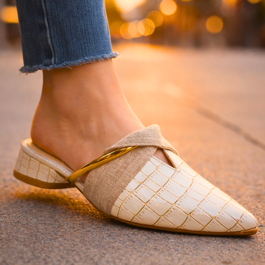 Michelle | Women's Pointed Toe Slip On Sandals Mules Croc Embossed Gold Bar Strap 3