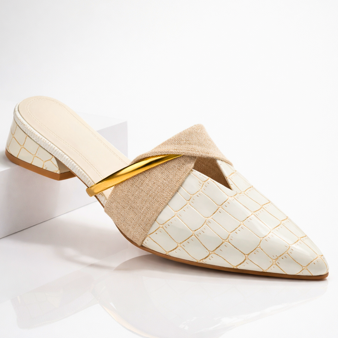 Michelle | Women's Pointed Toe Slip On Sandals Mules Croc Embossed Gold Bar Strap 6