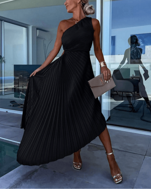 Mira | One-Shoulder Pleated Midi Wedding Guest Dress 4