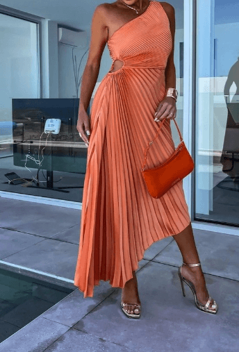 Mira | One-Shoulder Pleated Midi Wedding Guest Dress 5