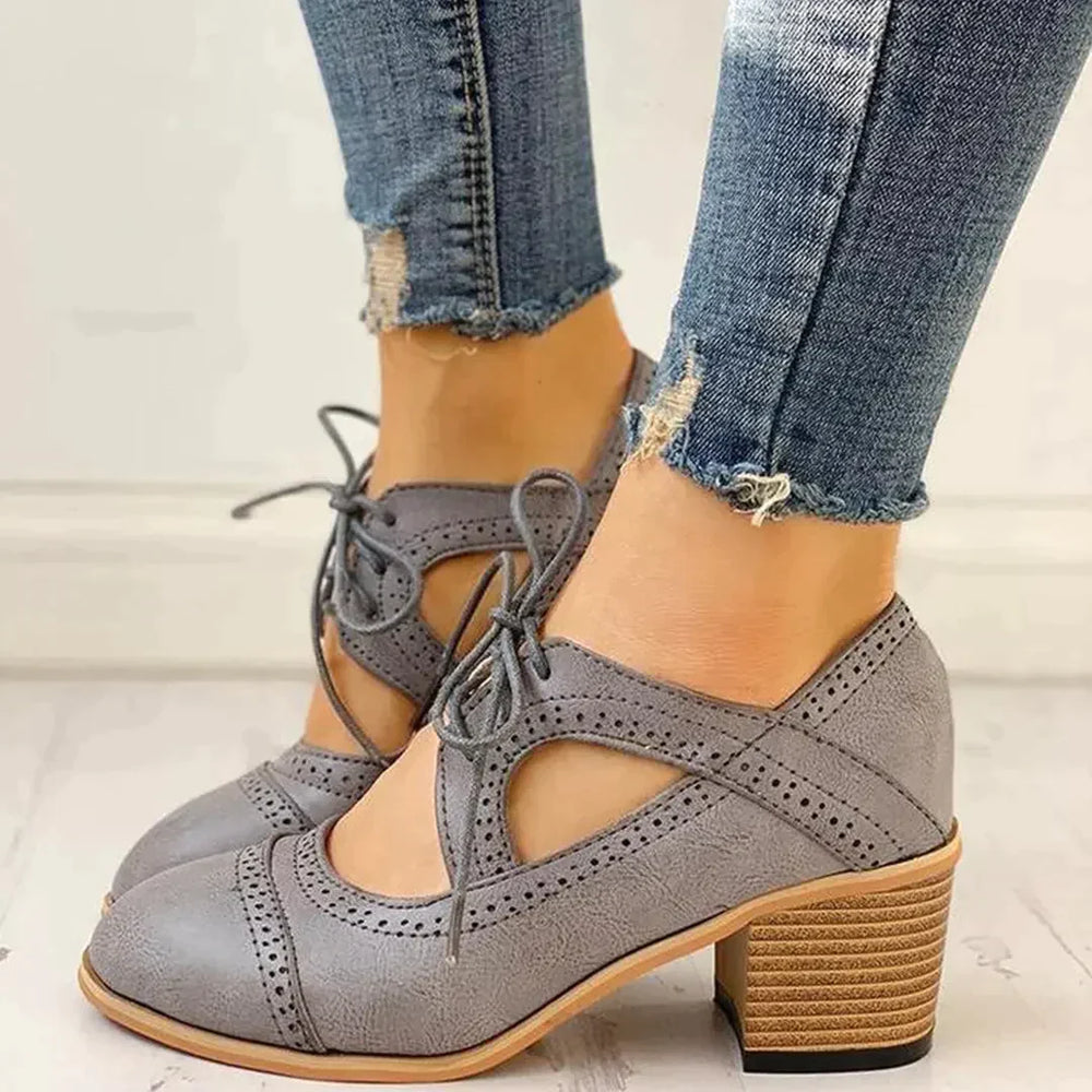 Olivia | Women's T Strap Wingtip Lace Up Block Heel Shoes