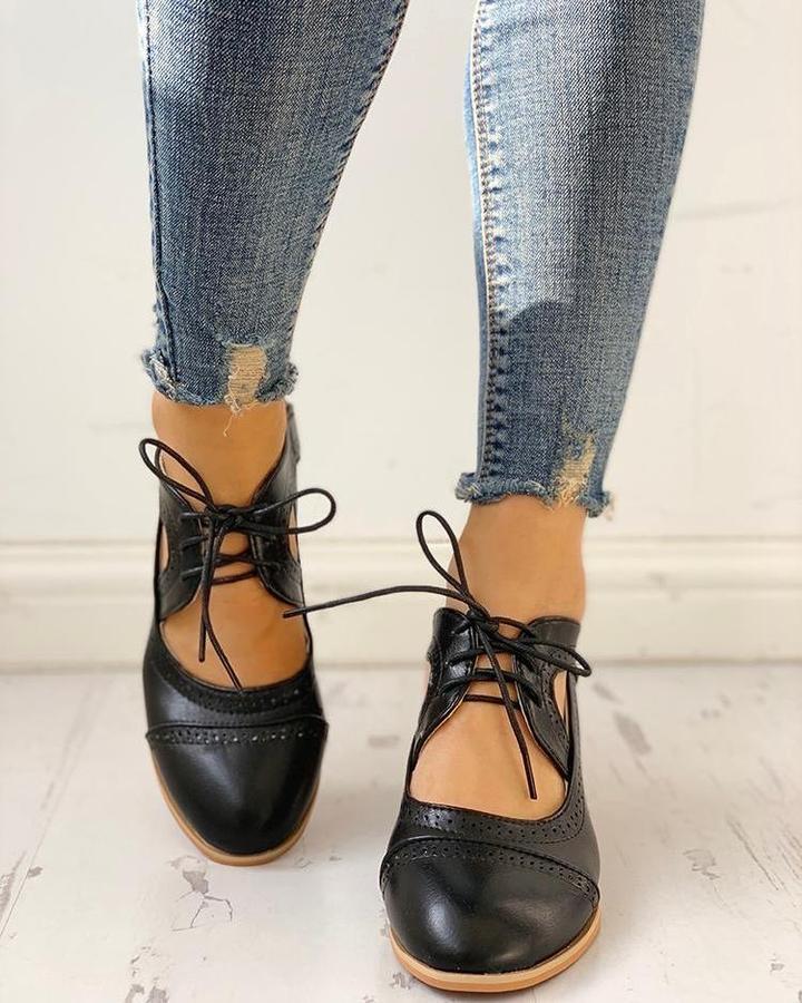 Olivia | Women's T Strap Wingtip Lace Up Block Heel Shoes