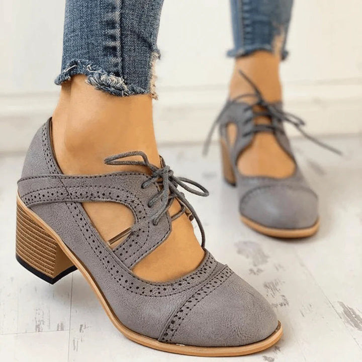 Olivia | Women's T Strap Wingtip Lace Up Block Heel Shoes