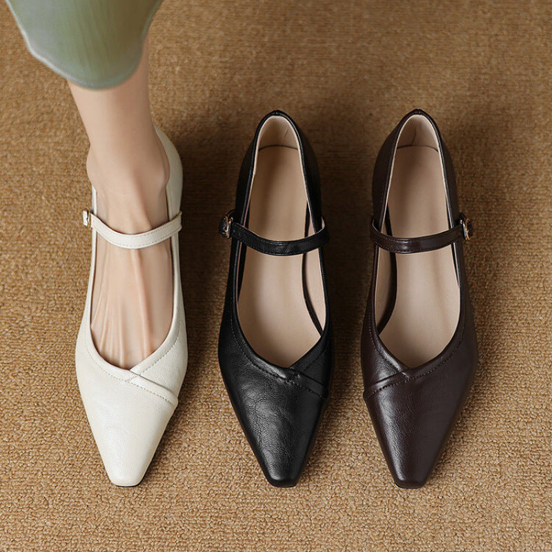 Pam | Women's Pointed Toe Flat Pumps Ankle Strap Cream 7