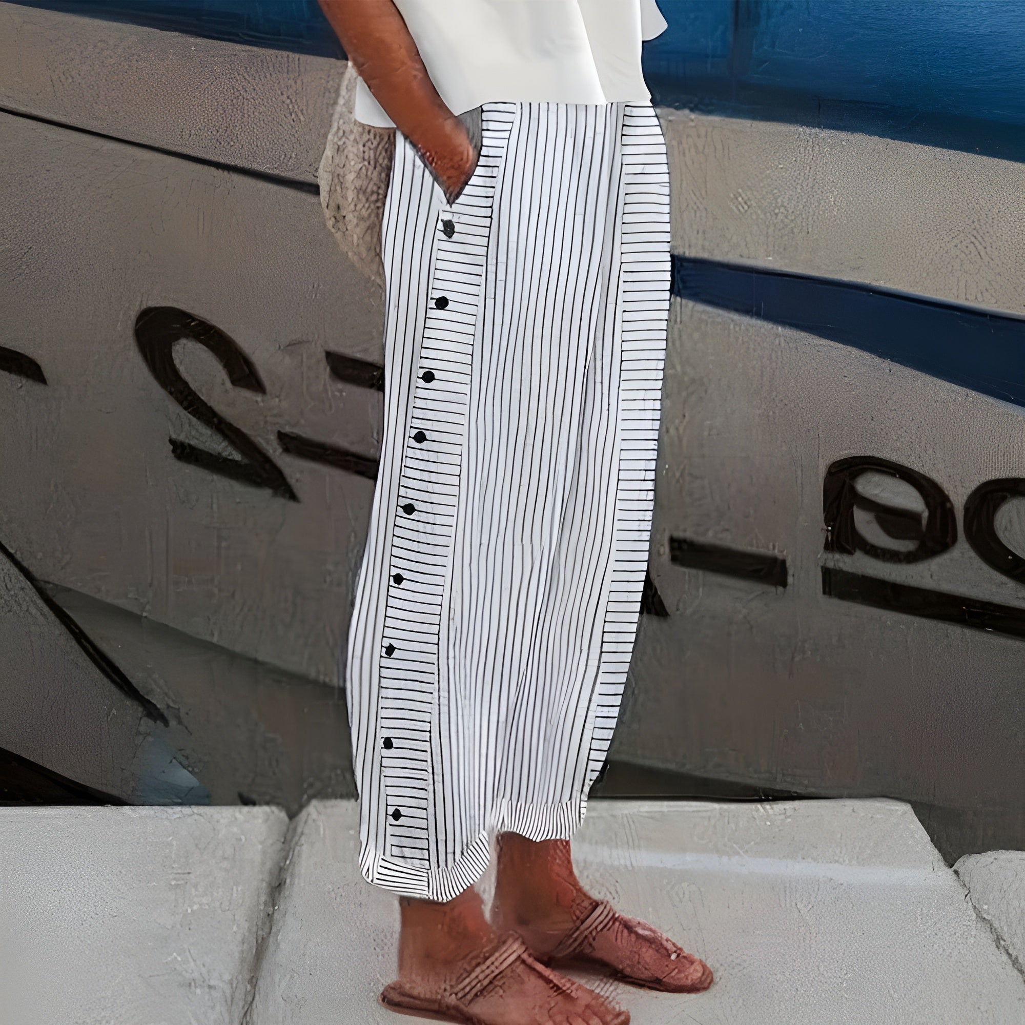 Patricia | Women's Striped Relaxed Fit Wide Leg Button Side Pants 2