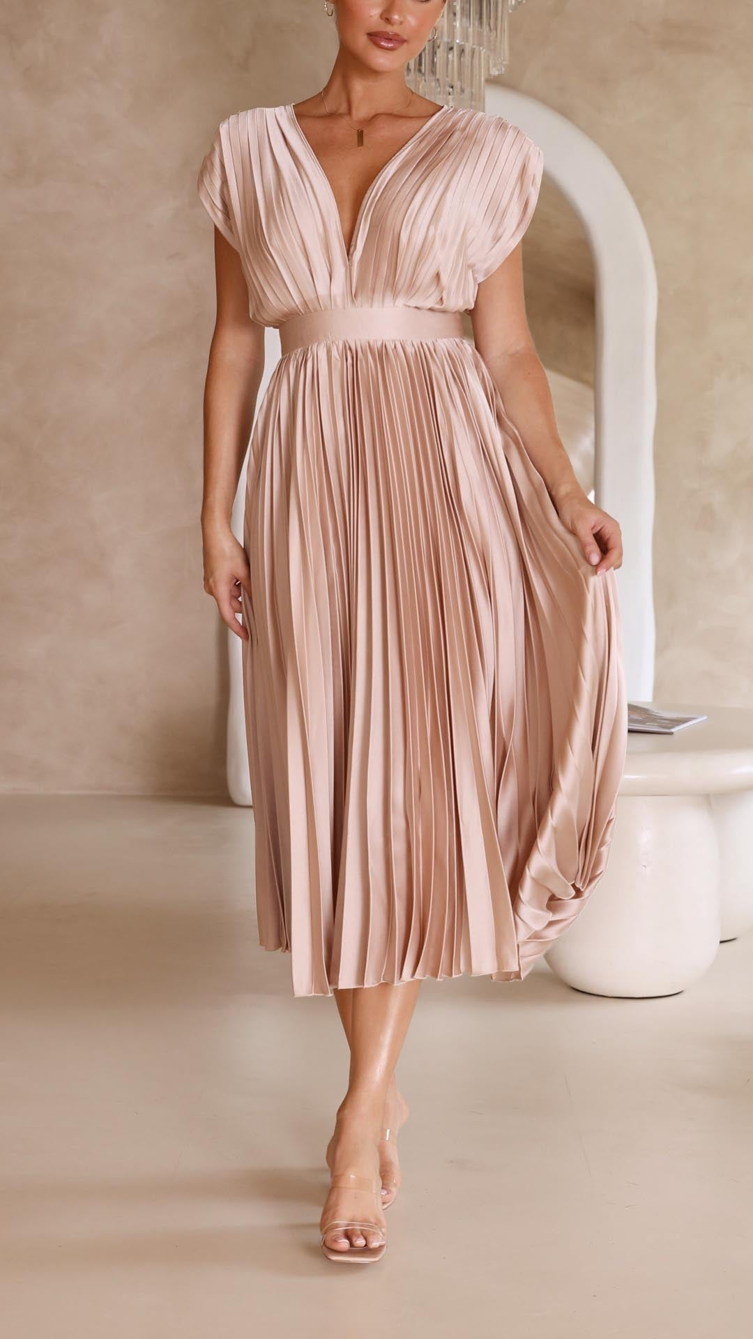 Penelope | Women's Pleated V-Neck Cap Sleeve Maxi Dress 3
