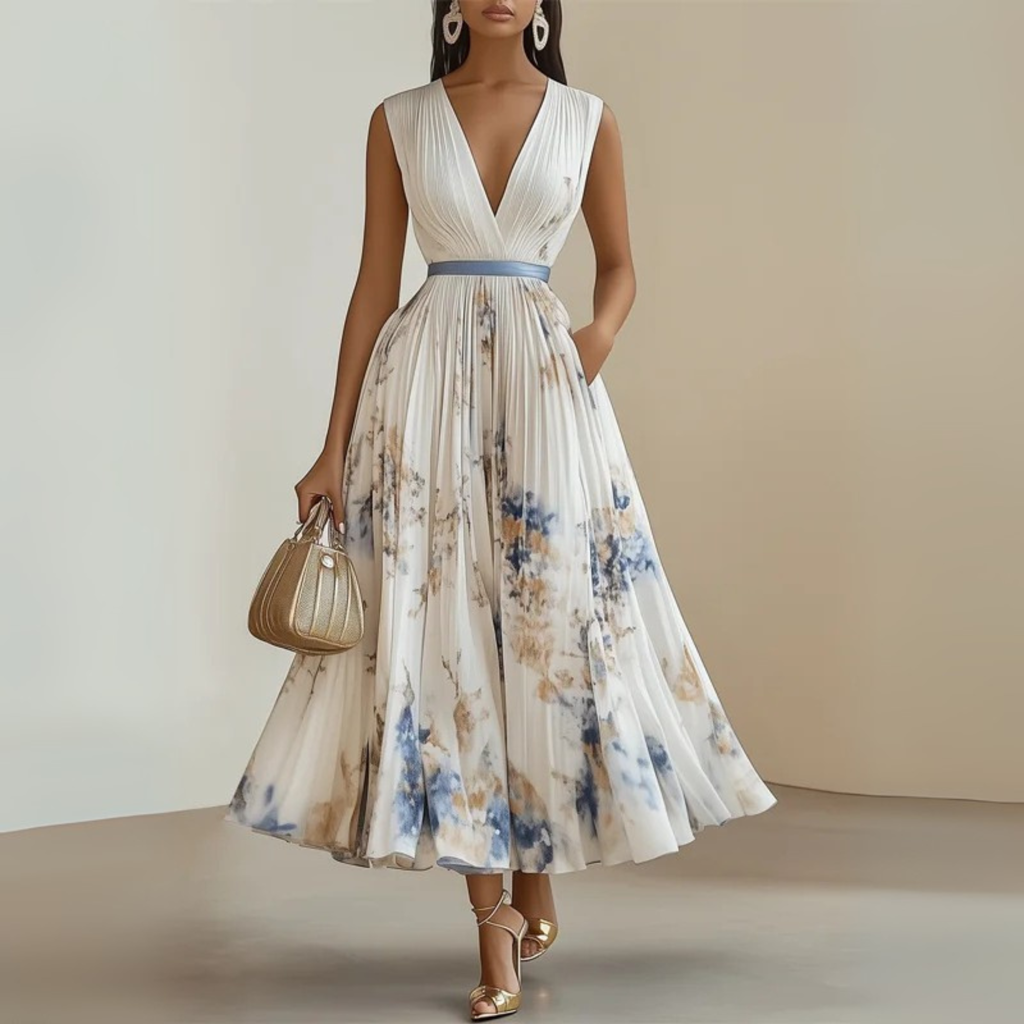 Priscilla | Women's Pleated Floral V-Neck Sleeveless Midi Dress