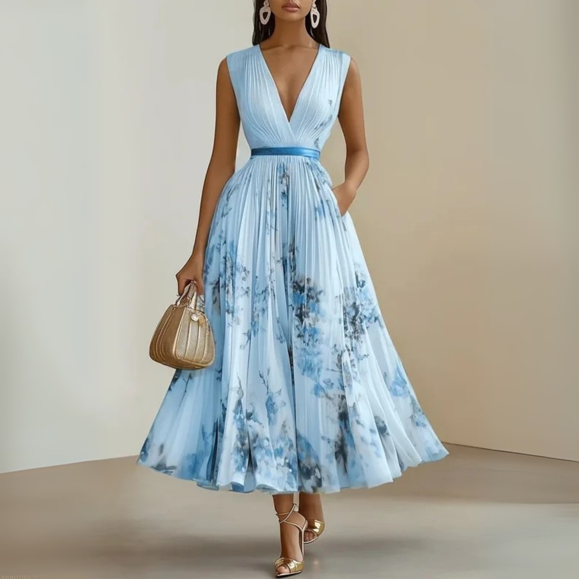 Priscilla | Women's Pleated Floral V-Neck Sleeveless Midi Dress 3