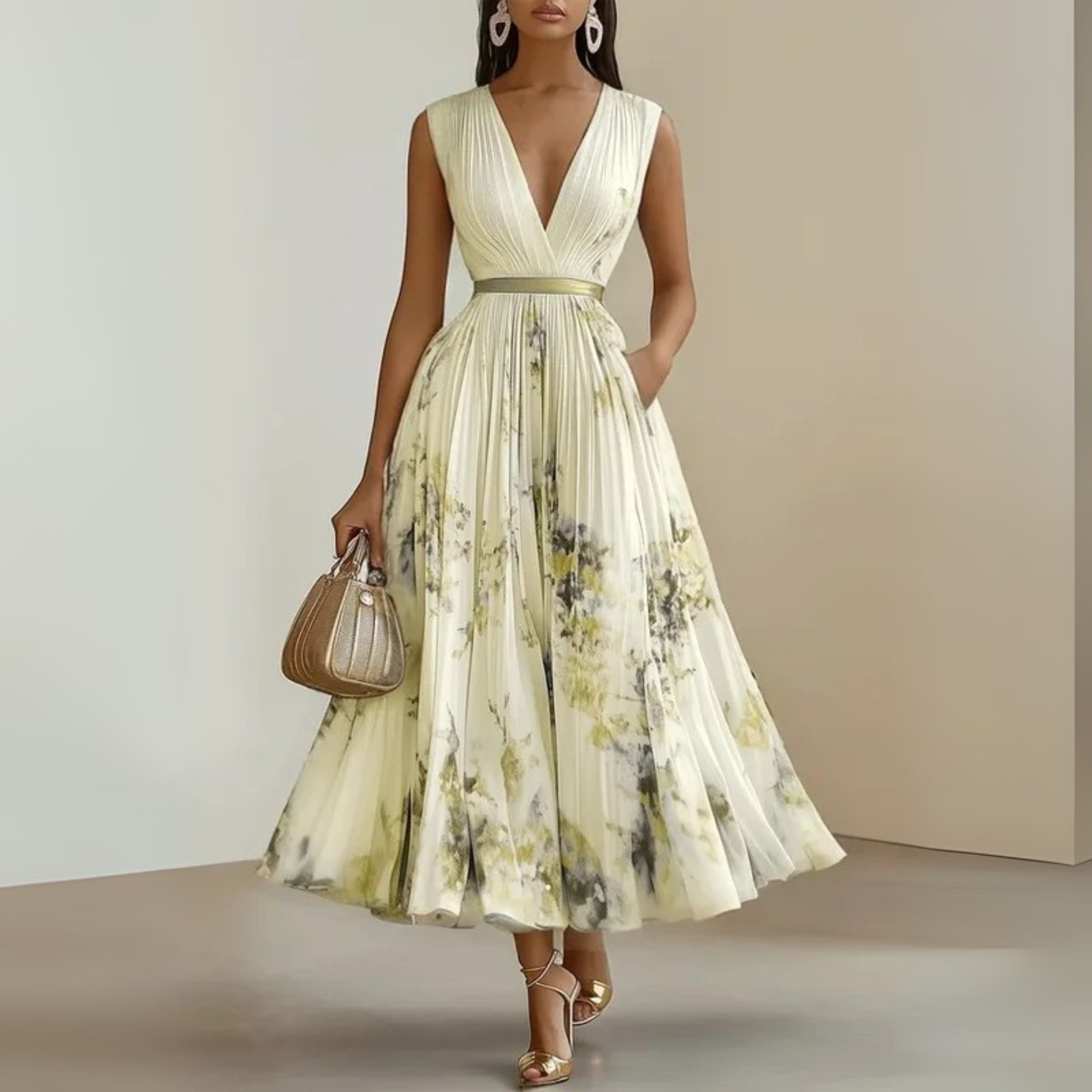 Priscilla | Women's Pleated Floral V-Neck Sleeveless Midi Dress 4