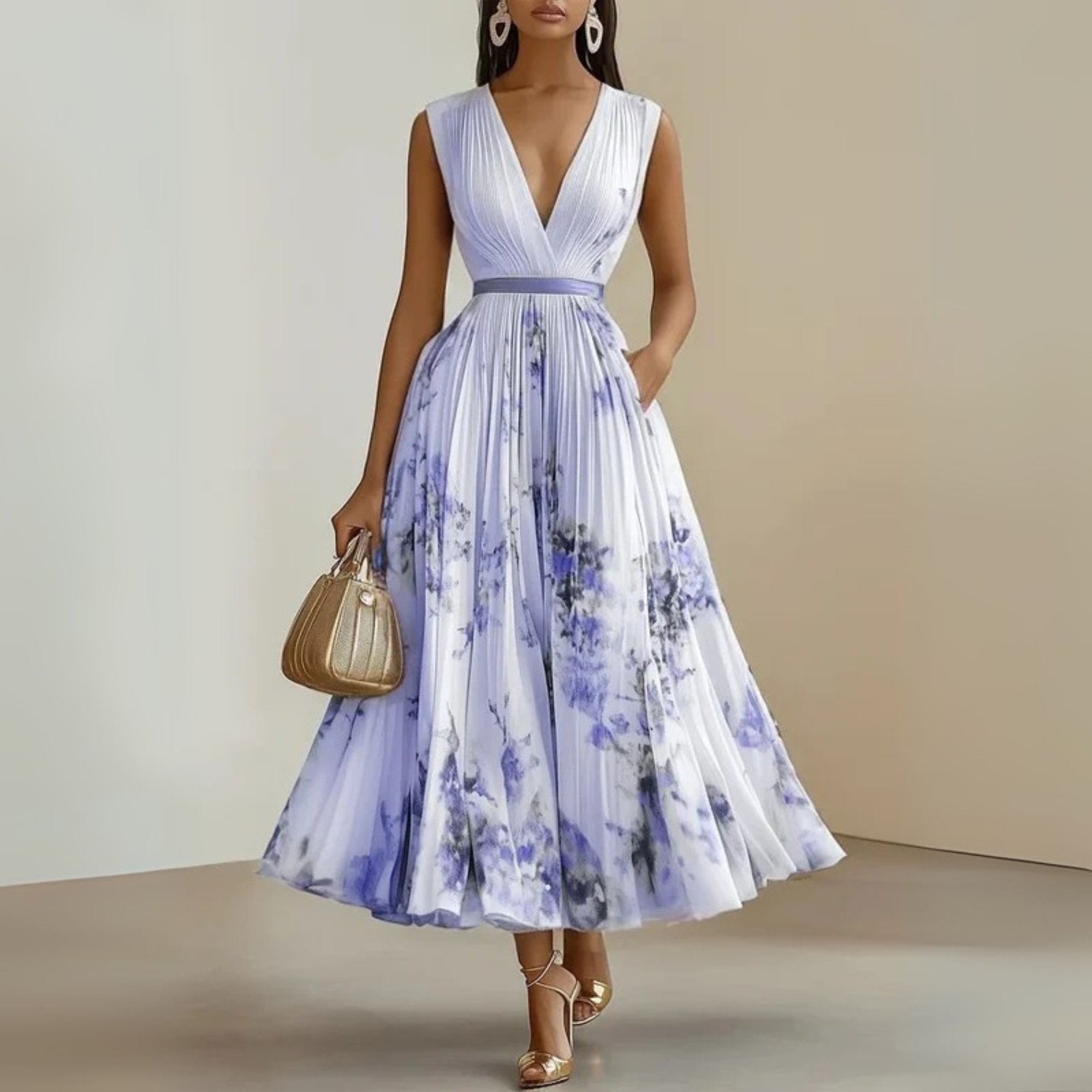Priscilla | Women's Pleated Floral V-Neck Sleeveless Midi Dress 5