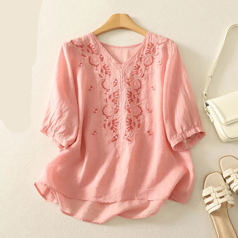 Rela | Relaxed V-Neck Womens Blouse with Embroidery 1