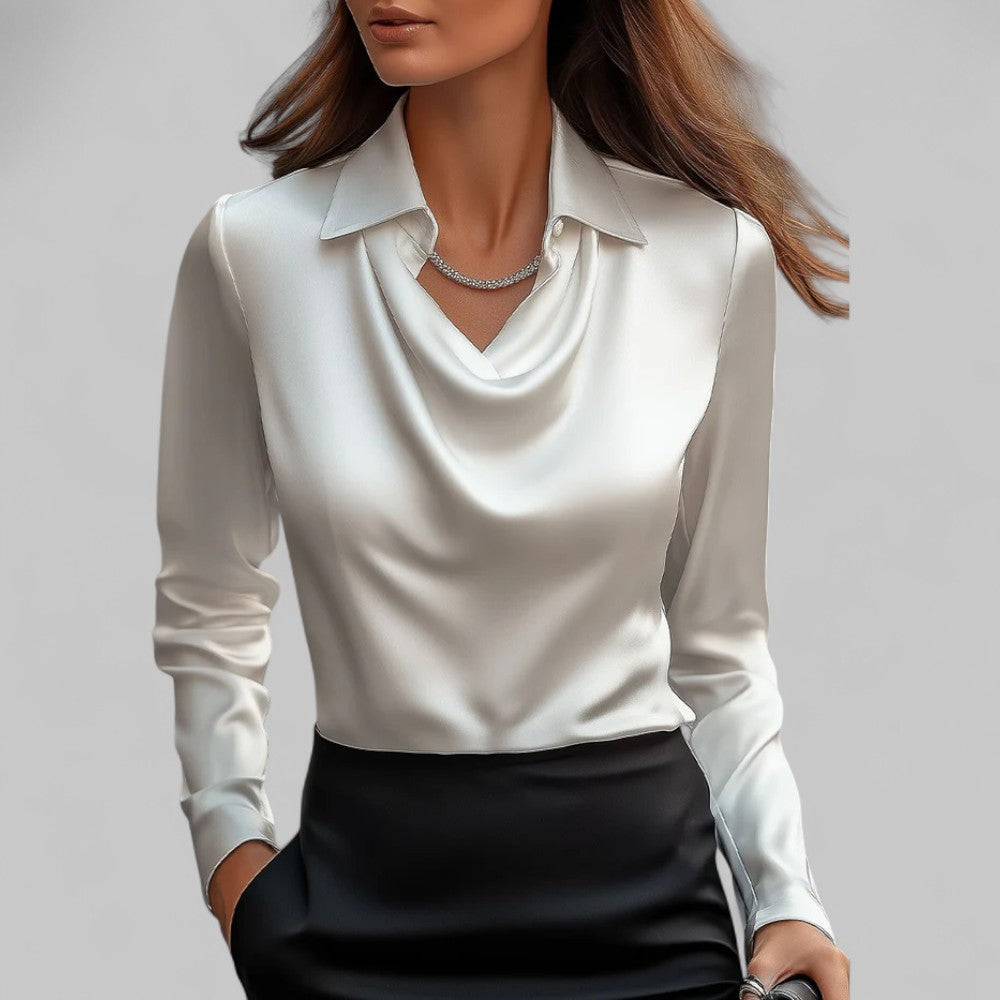 Rose | Women’s Draped Neck Long Sleeve Satin Blouses 0