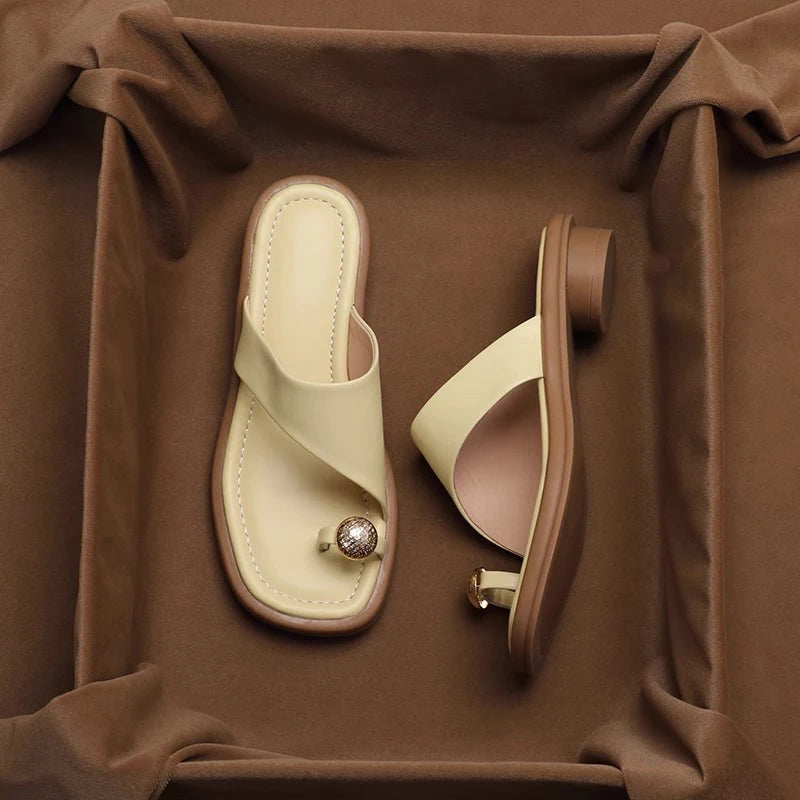 Sabrina | Women's Slip-On Sandals Toe Ring Leather Block Heel 5
