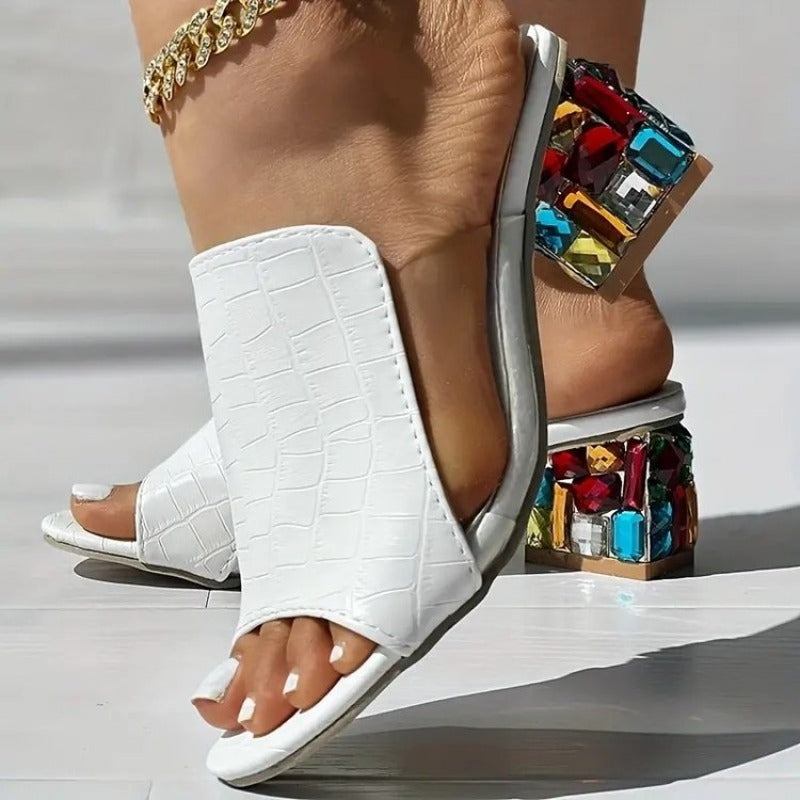 Sara | Women's Slide Sandals Croc Embossed Jewelled Heel 1