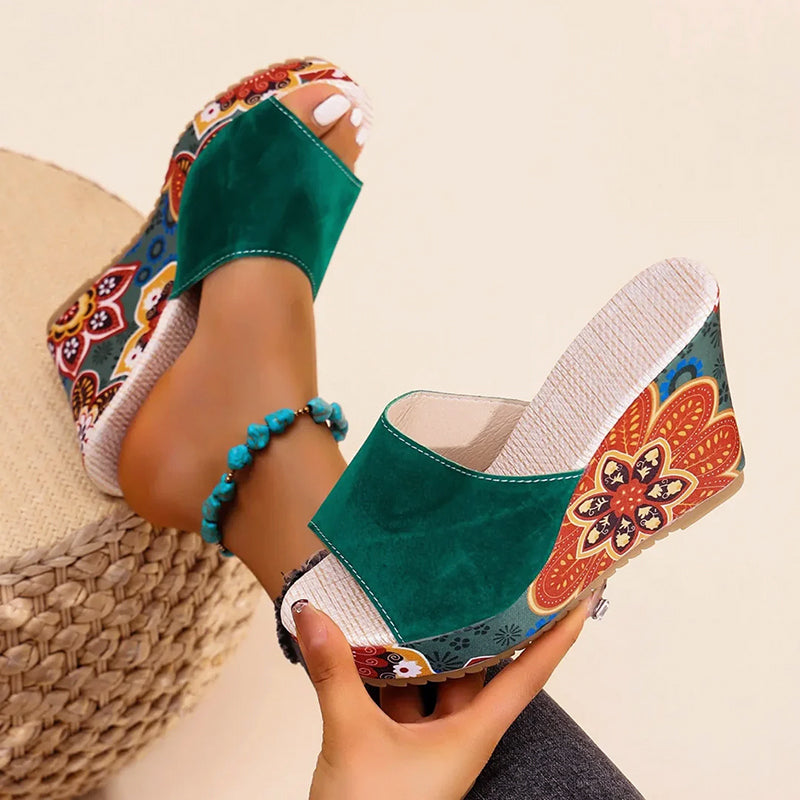 Sasha | Women's Slip-On Wedge Sandals Open Toe Floral Print 6